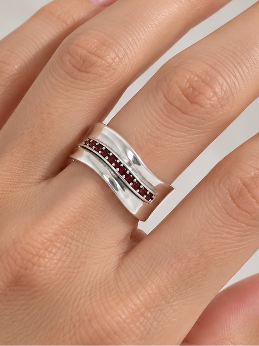 Italian Luxury Jewelry 925 Sterling Silver Ruby Trim Elegant Statement Ring Sz 8